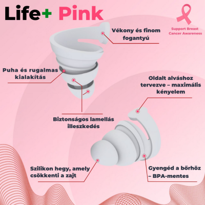 A BOLLSEN Life+ Pink Edition füldugó ábrája, amely puha rétegeket és bőrbarát ergonomikus kialakítást mutat