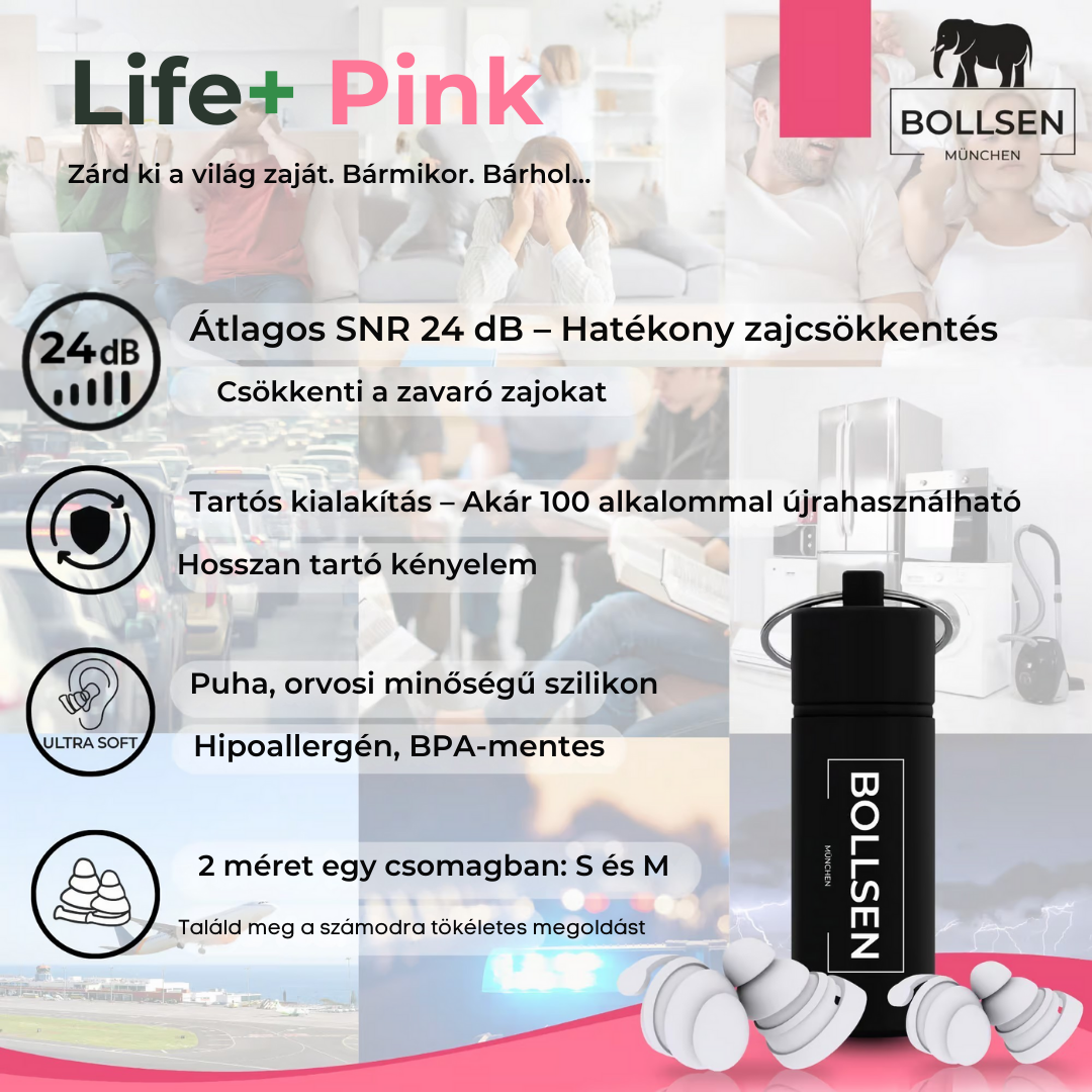 BOLLSEN Life+ Pink Edition csomag – két pár füldugó, alumínium tok és használati útmutató